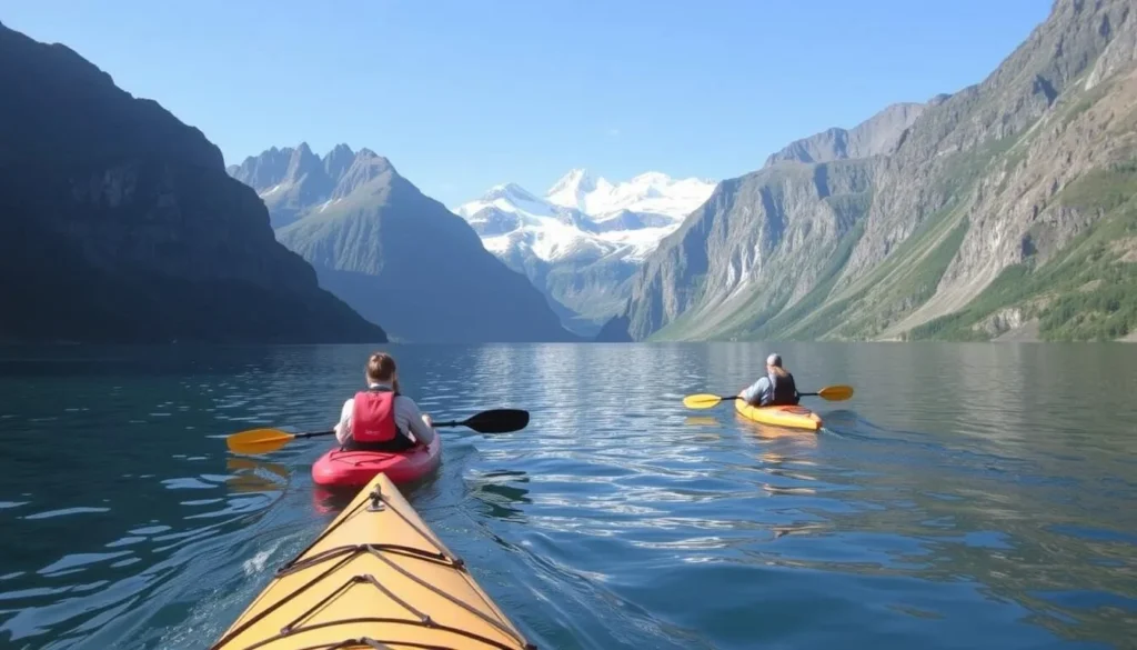 Image of kayakers paddling through Altafjord with mountains in the background