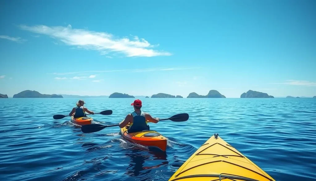 Image of kayakers paddling through calm waters with islands in the background