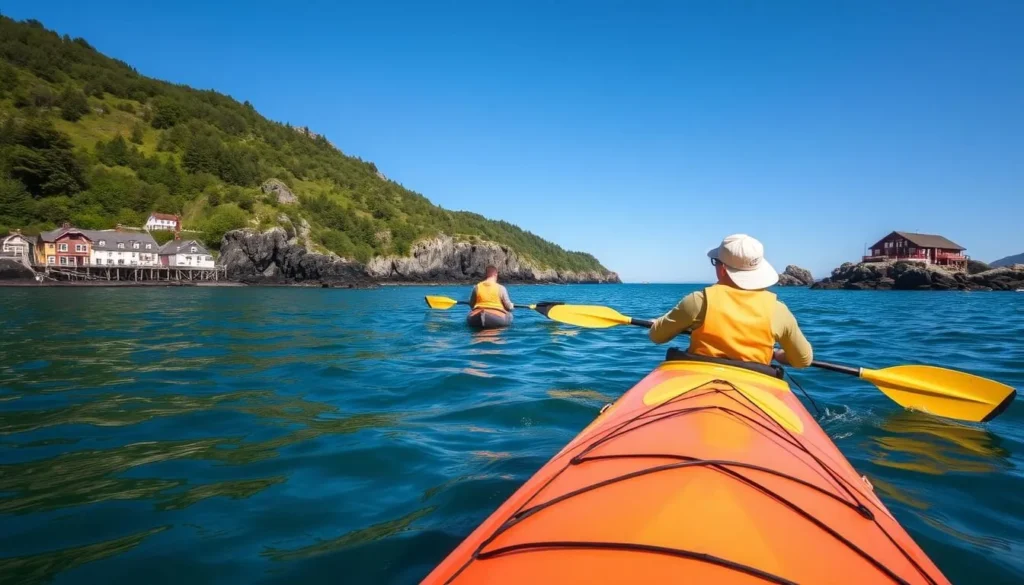 Image of kayakers paddling through the serene waters of the Hvaler archipelago