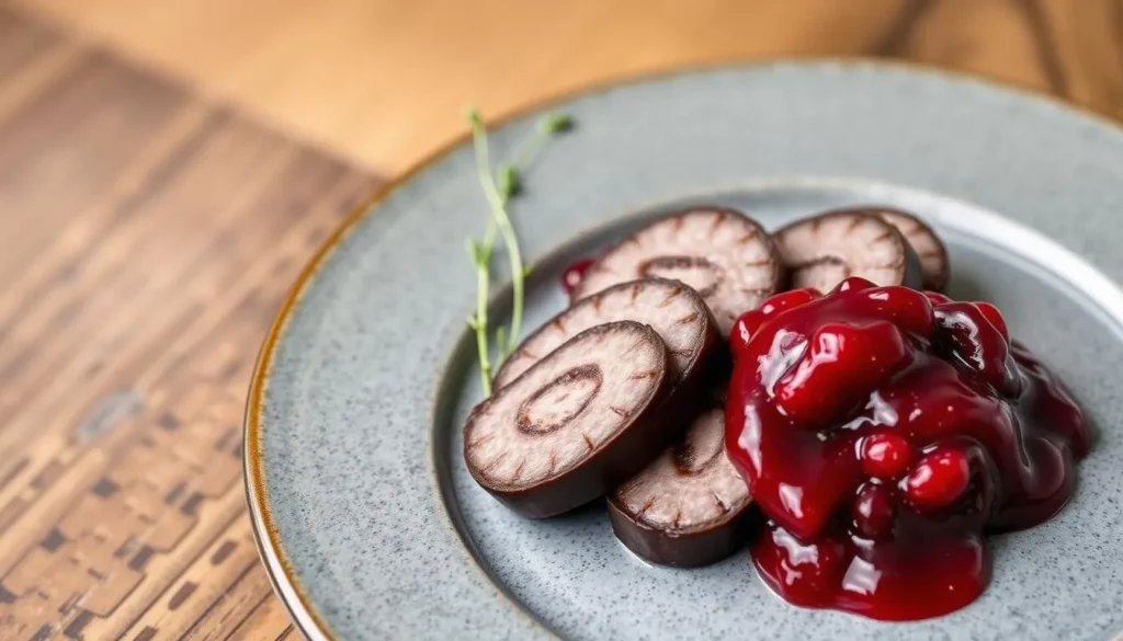 Image of mustamakkara being served with lingonberry jam