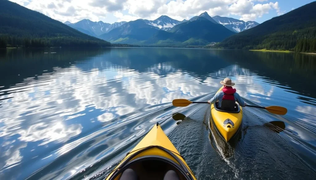 Image of paddlers canoeing through the serene lakes of the Bowron Lake Canoe Circuit