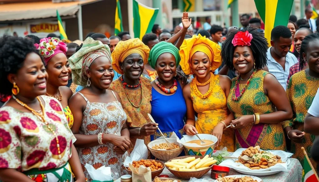 Image of people celebrating Emancipation Day in Guyana, with African-inspired fashion and traditional foods