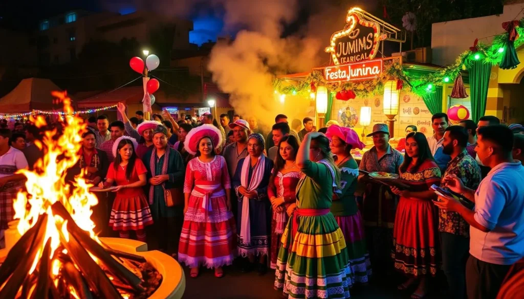 Image of people celebrating Festa Junina with traditional costumes and bonfires