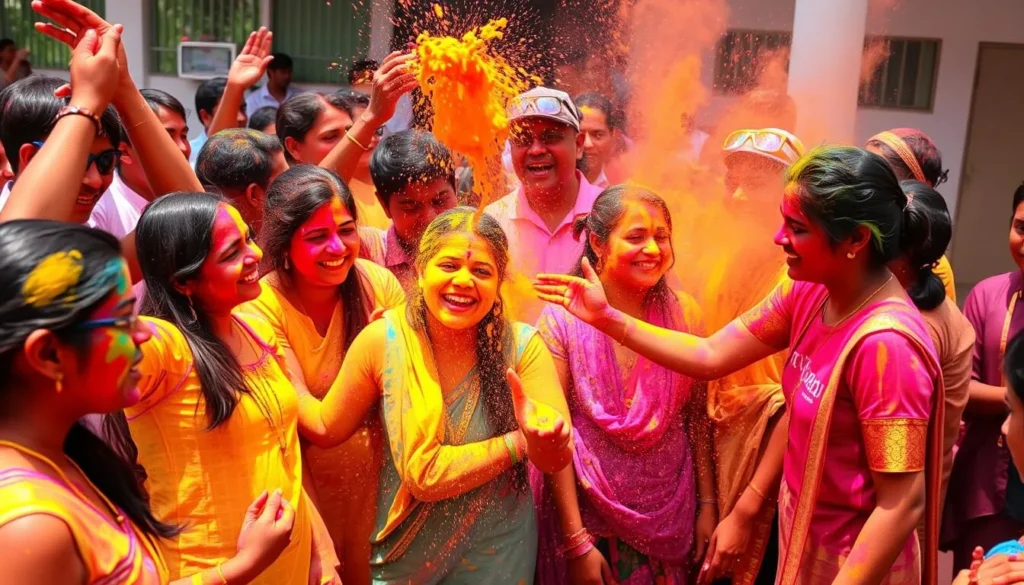 Image of people celebrating Phagwah (Holi) in Guyana, throwing colored powders and water at each other