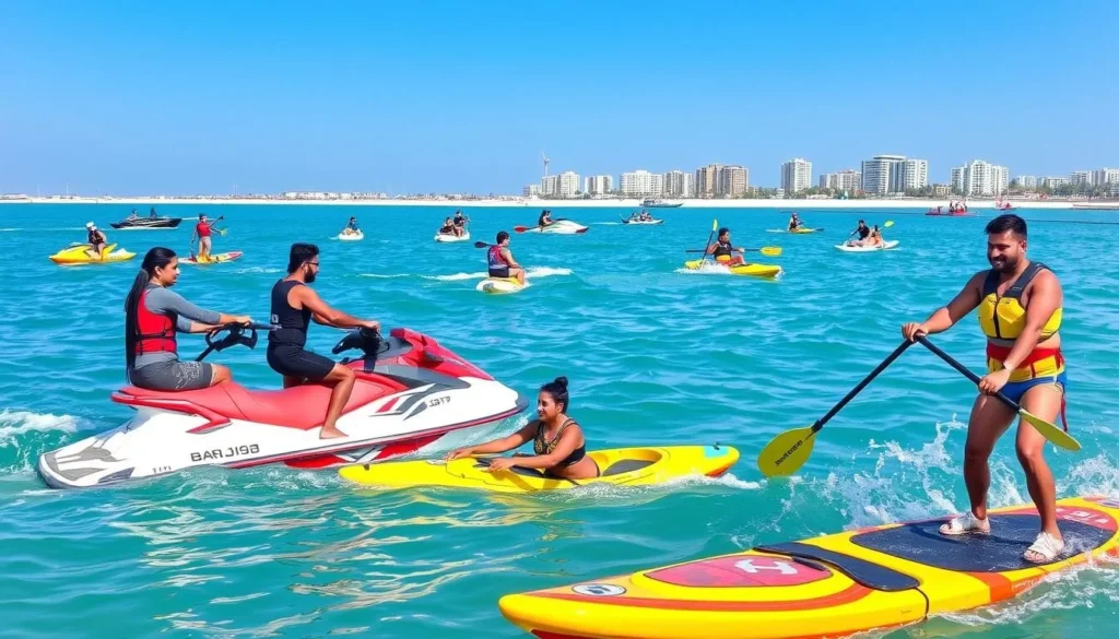 Image of people engaging in water sports like jet skiing, kayaking, and paddleboarding in Dammam