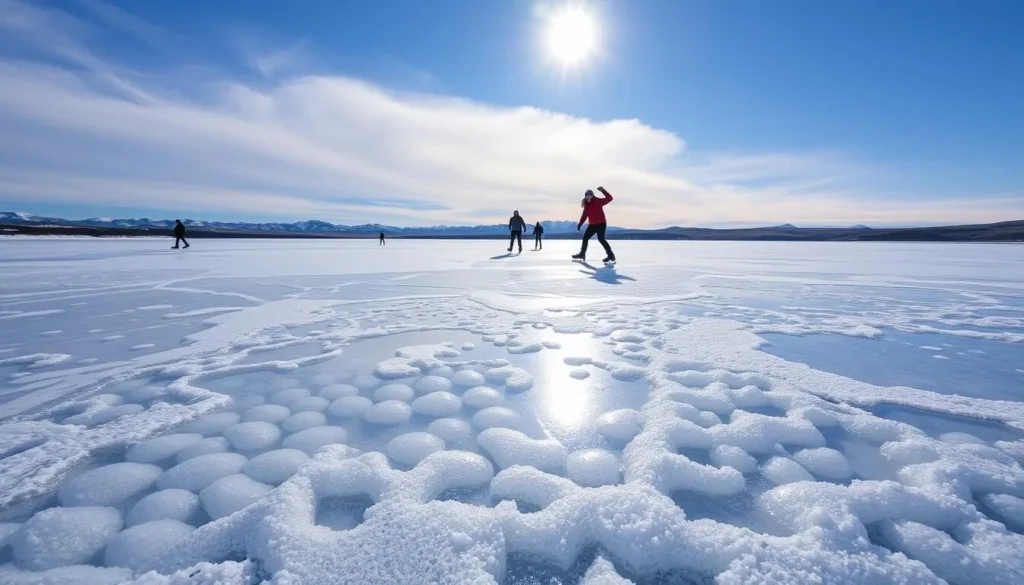 Image of people ice skating on Abraham Lake with frozen methane bubbles visible beneath their feet