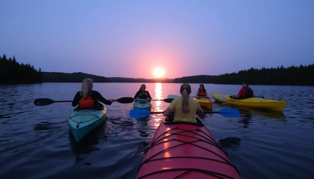 Image of people kayaking at midnight under the midnight sun in Oulu, Finland.