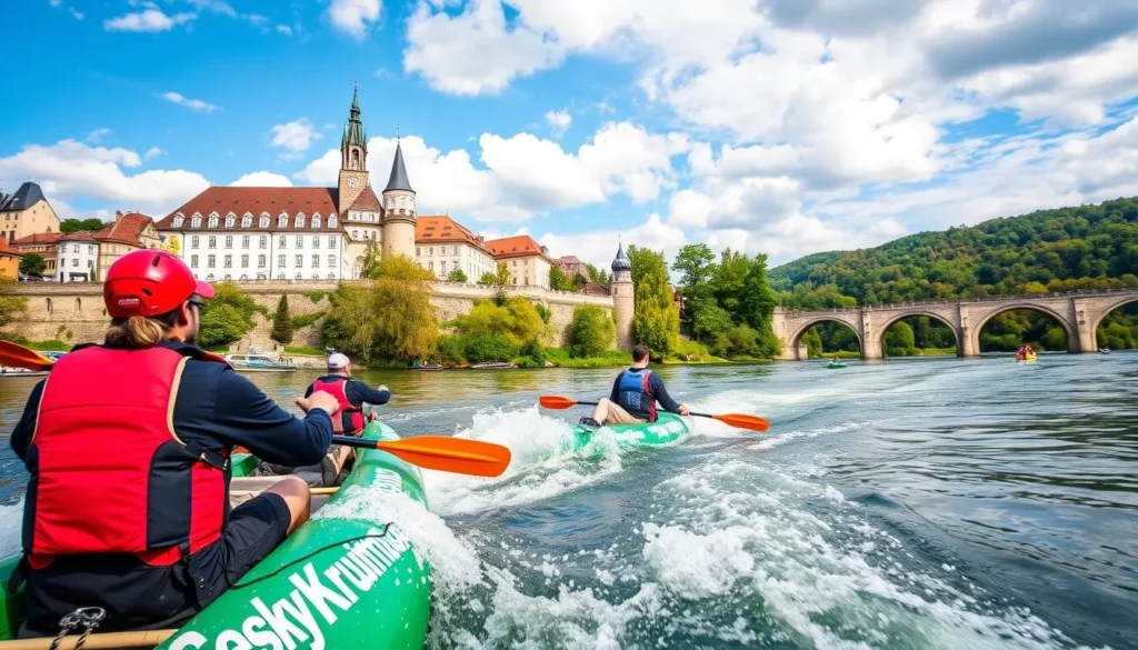 Image of people rafting or canoeing on the Vltava River through Cesky Krumlov