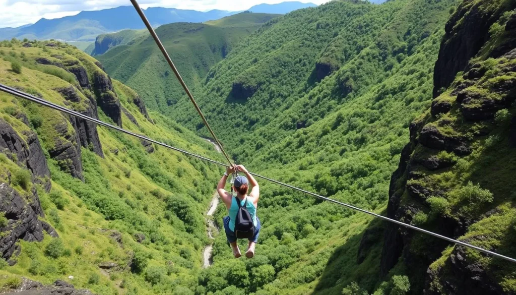 Image of people ziplining through a scenic valley near Lava Hot Springs