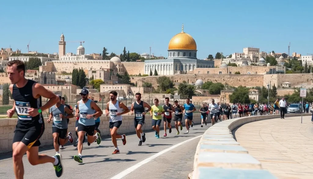 Image of runners participating in the Jerusalem Marathon, with the Old City in the background