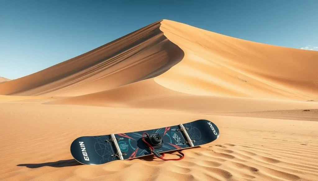 Image of sandboarding equipment at the base of a massive sand dune in Death Valley