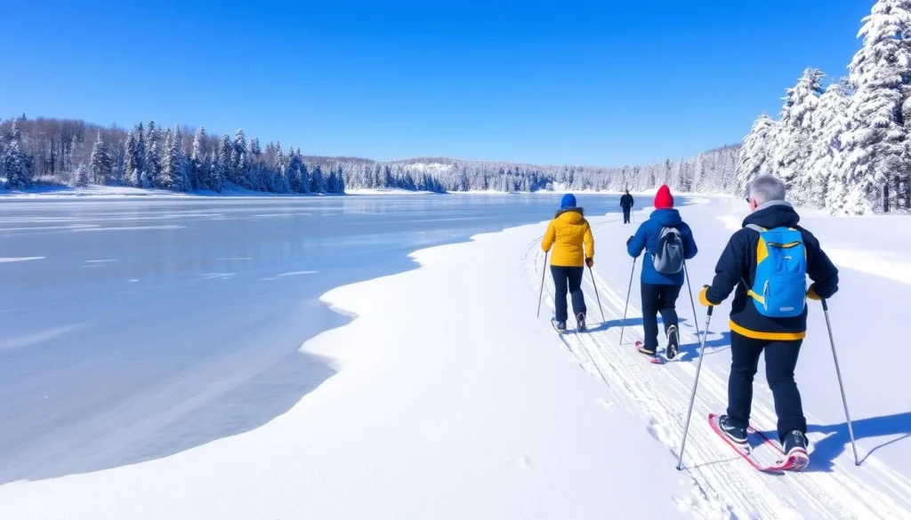 Image of snowshoers or cross-country skiers on the frozen Lake Pielinen