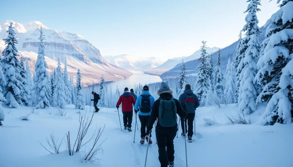Image of snowshoers trekking through a snowy forest near Lake Louise
