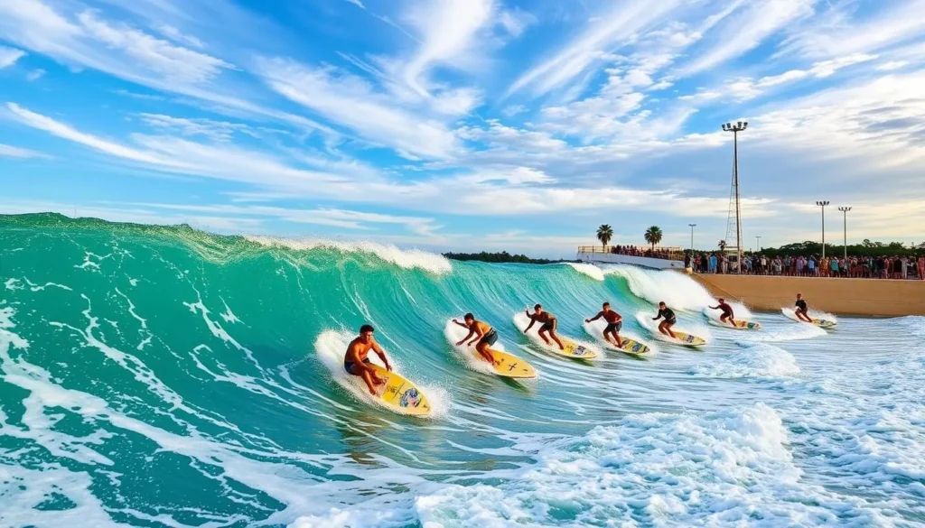 Image of surfers riding the artificial wave at Brandys Wave facility