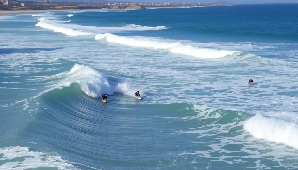 Image of surfers riding waves at Playa del Rivero in Punta del Diablo