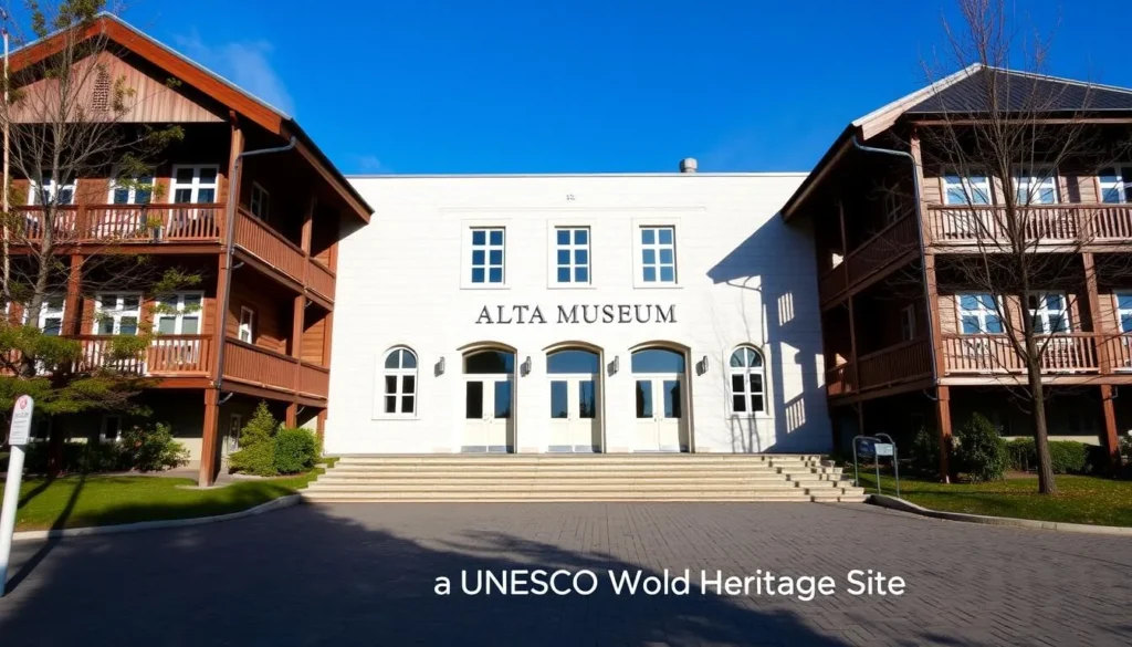 Image of the Alta Museum's exterior with a caption: Alta Museum, a UNESCO World Heritage site