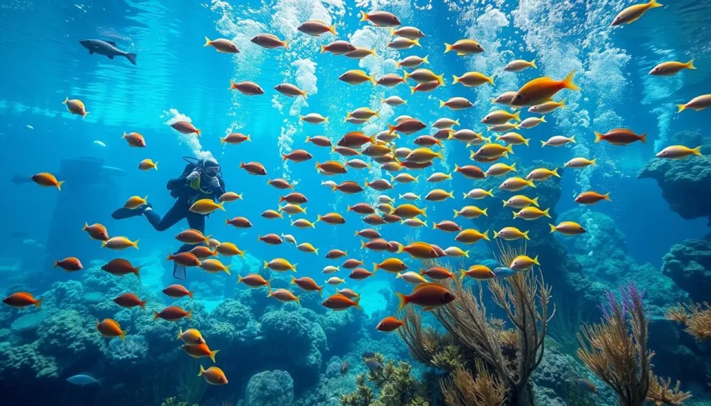 Image of the Atlantic Sea-Park Aquarium's main "Atlantic Ocean" tank with divers feeding the fish.