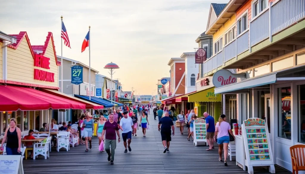 Image of the Bethany Beach boardwalk with shops and people walking