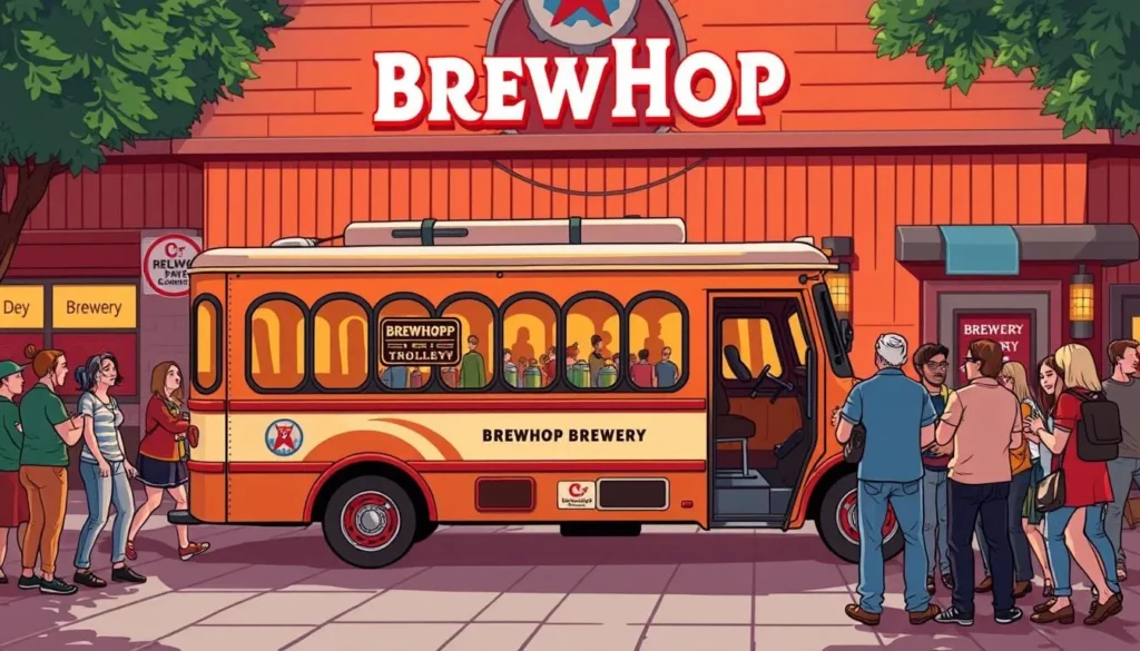 Image of the BrewHop Trolley in front of a brewery with happy patrons.
