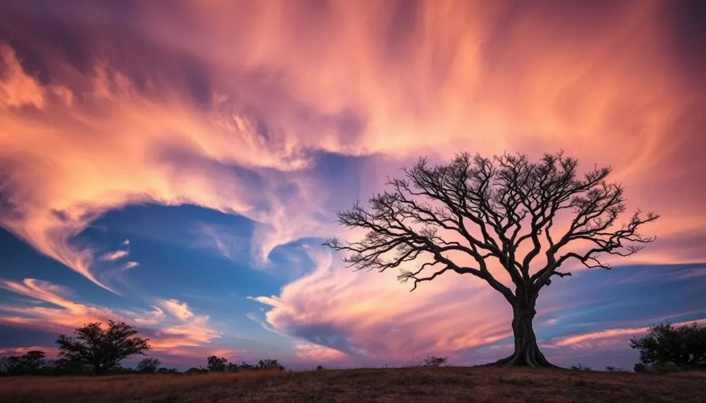 Image of the Burmis Tree with a dramatic sky background