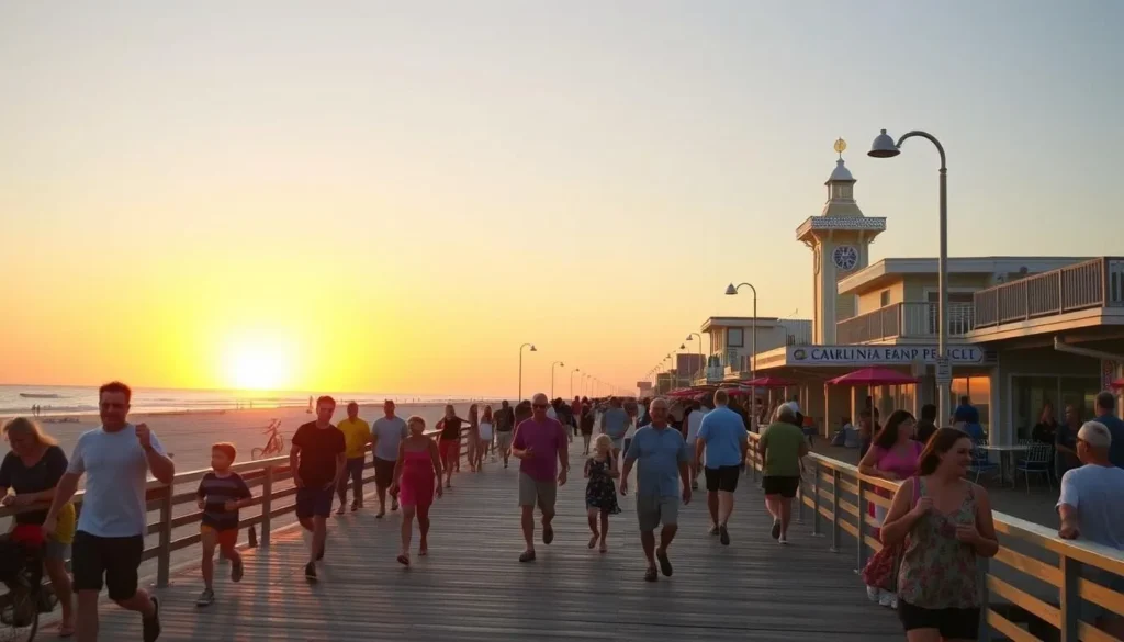 Image of the Carolina Beach Boardwalk at sunset with families enjoying the atmosphere