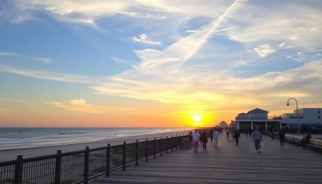 Image of the Carolina Beach Boardwalk at sunset with people walking and enjoying the views
