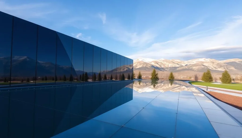 Image of the Colorado Freedom Memorial in Aurora, Colorado, with its distinctive glass panels reflecting the surrounding mountains and blue skies.