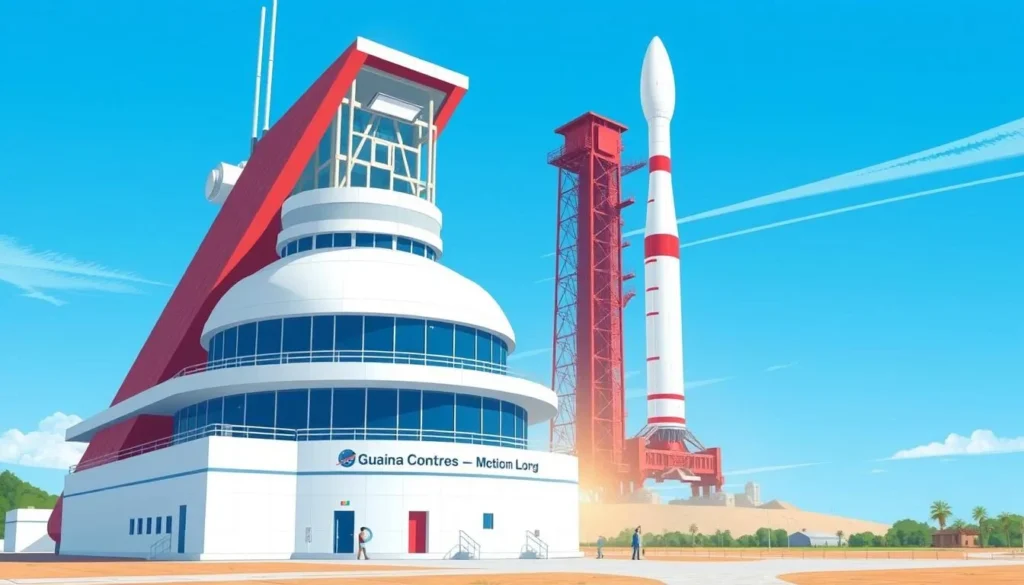 Image of the Guiana Space Centre's Jupiter Control Centre with a rocket on the launch pad in the background.
