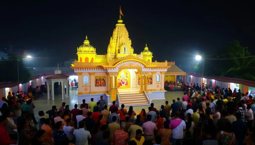 Image of the ISKCON Temple Ghaziabad with devotees and a serene environment