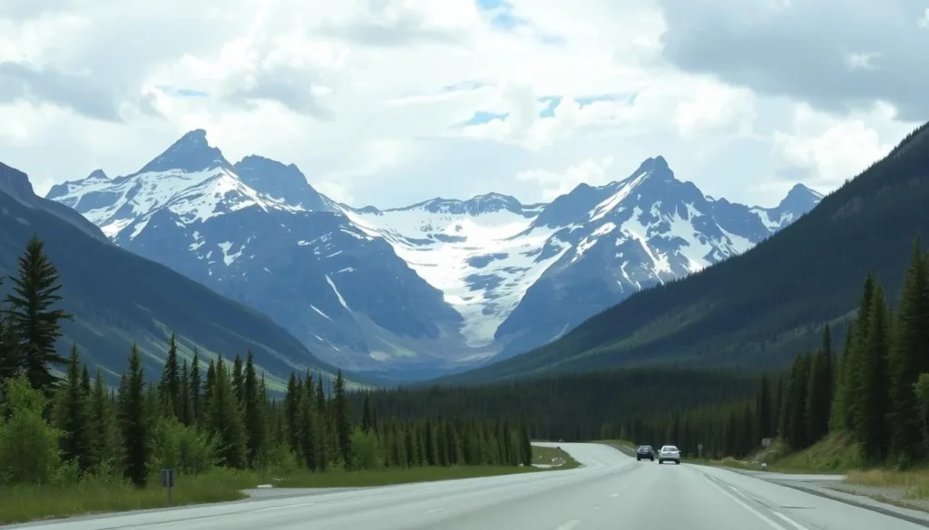 Image of the Icefields Parkway with majestic mountains in the background