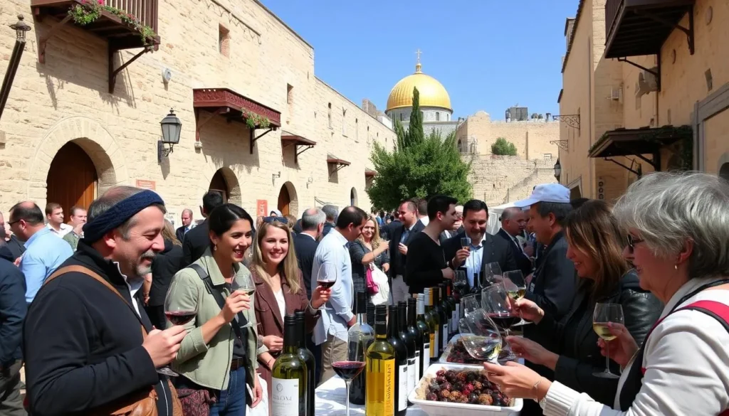 Image of the Jerusalem Wine Festival in the Old City with wine enthusiasts sampling local wines