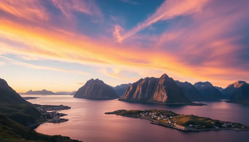Image of the Lofoten Islands with mountains and villages