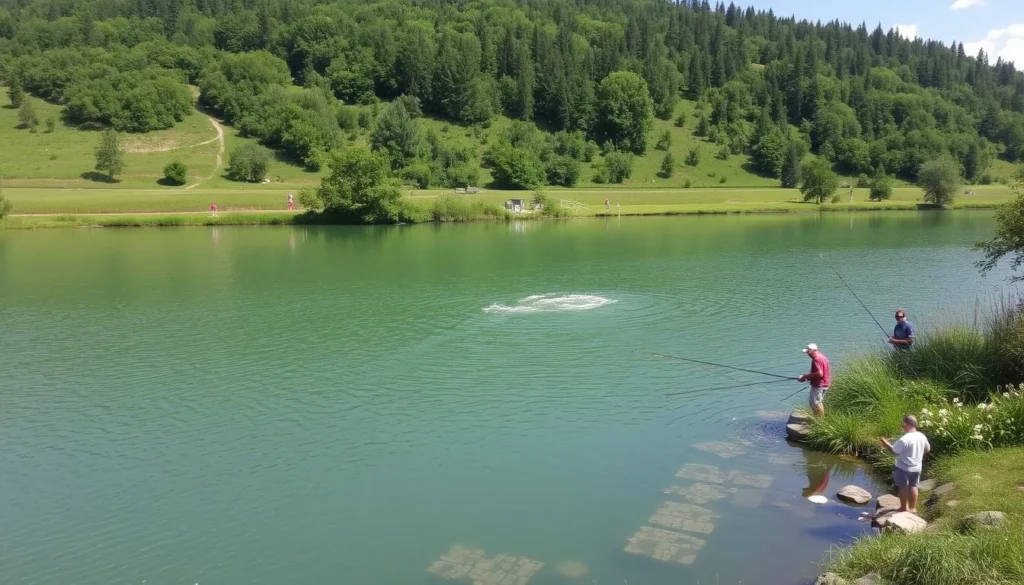 Image of the Lower Reservoir (Novomlýnská) with a serene landscape and fishing activities