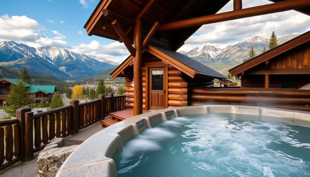 Image of the Mountain Village Resort hot spring with a rustic wooden hut and views of the Sawtooth Mountains