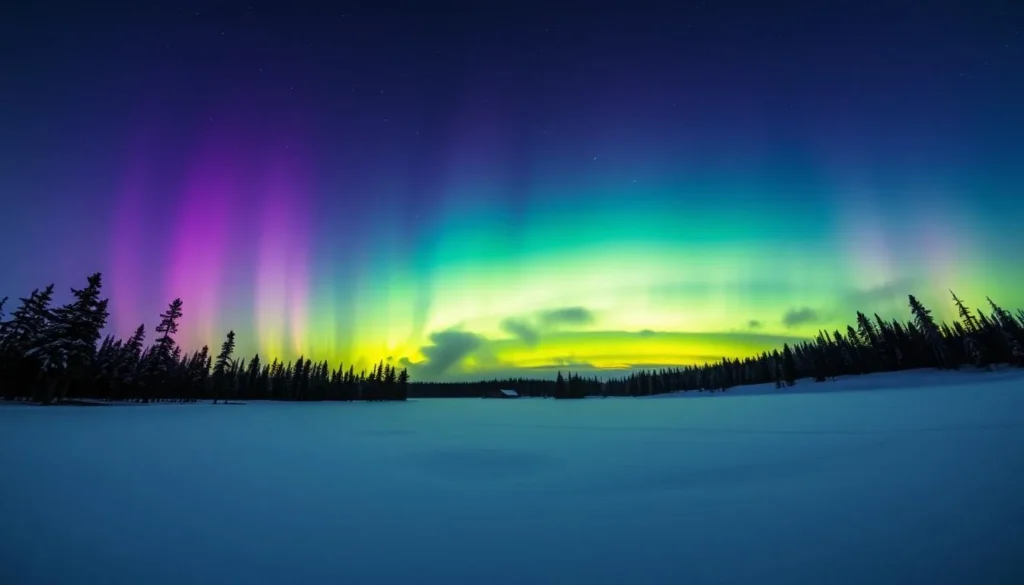 Image of the Northern Lights over a snowy landscape in Lapland