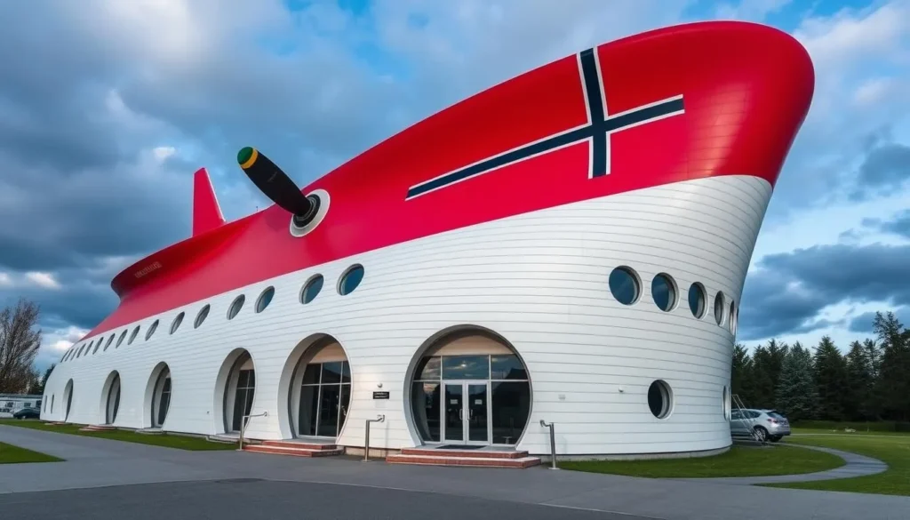 Image of the Norwegian Aviation Museum's distinctive propeller-shaped building