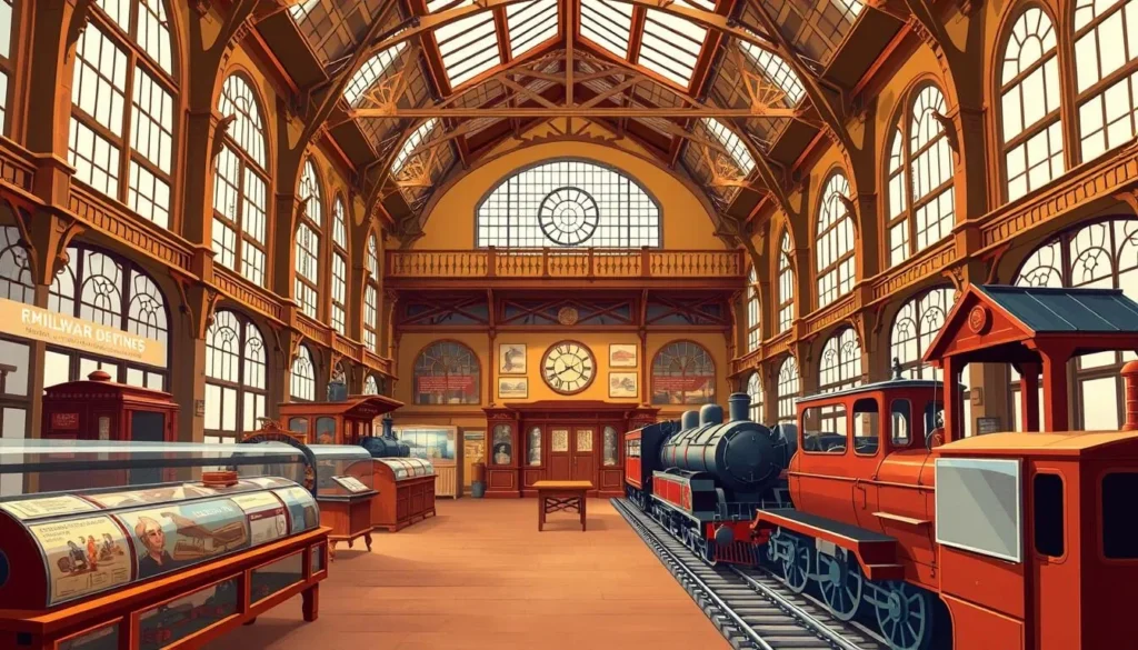Image of the Railway Museum's main hall with historical exhibits and the toy train