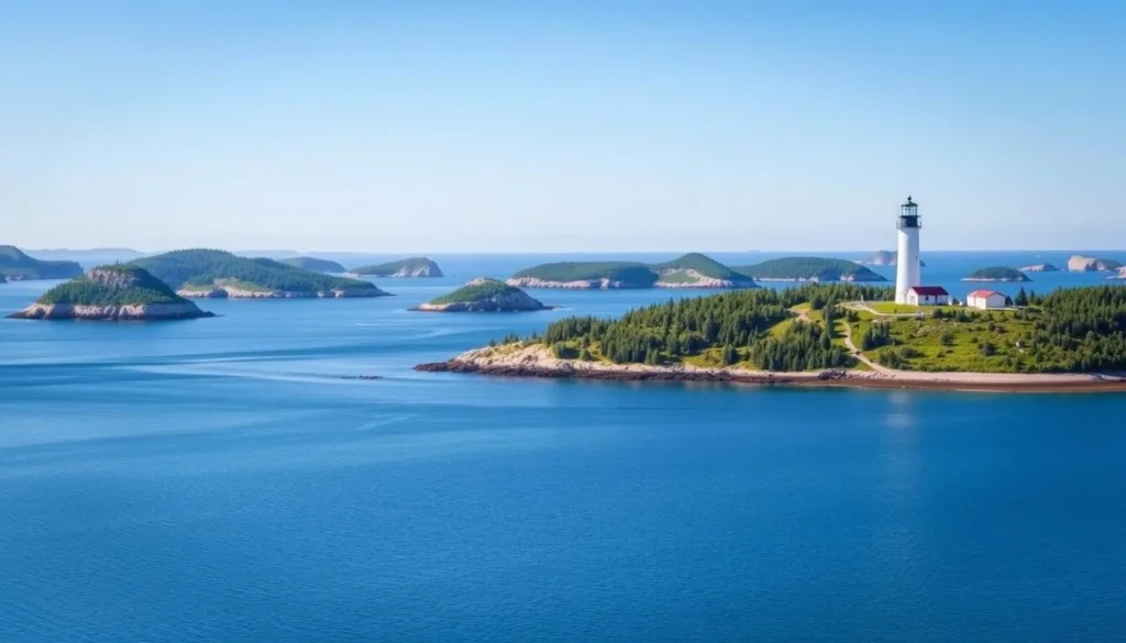 Image of the Rauma archipelago with multiple islands and a lighthouse