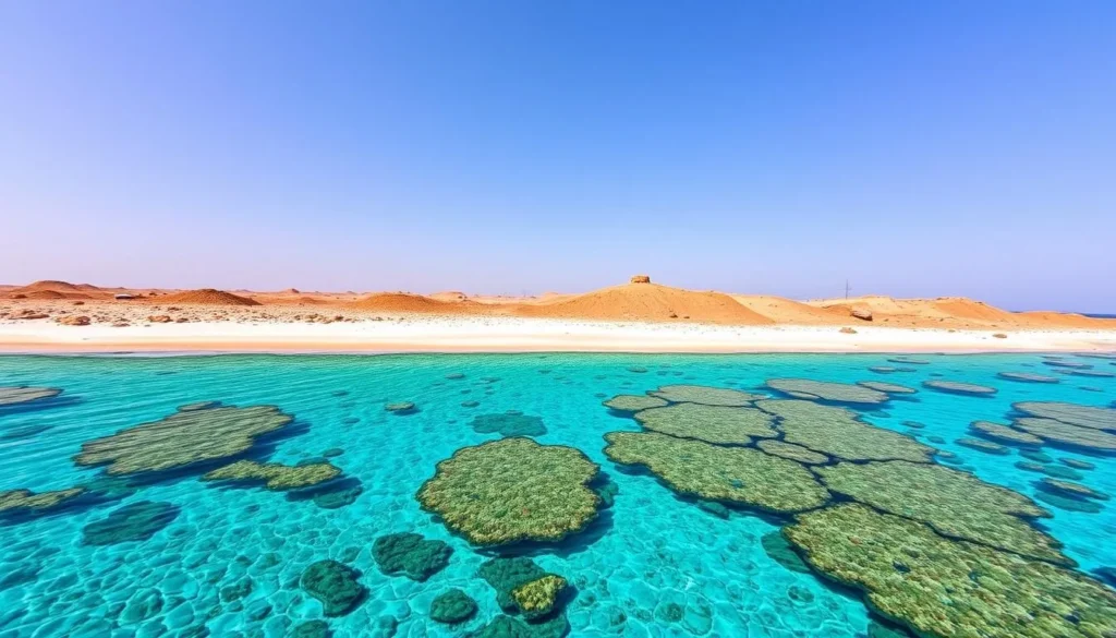 Image of the Red Sea coastline near As-Suways, Egypt, showcasing its crystal-clear waters and vibrant coral reefs.