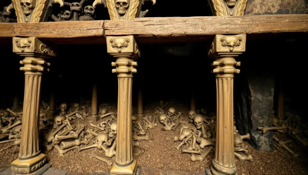 Image of the Sedlec Ossuary's intricate bone decorations