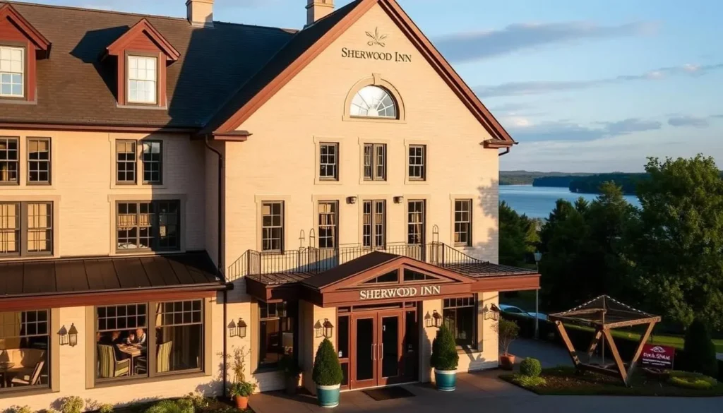Image of the Sherwood Inn's elegant facade with a lake view