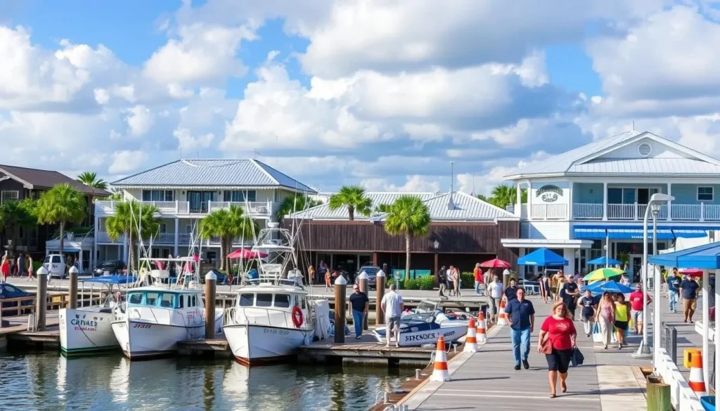 Image of the Sponge Docks in Tarpon Springs, Florida, with sponge boats docked and people walking along the waterfront.