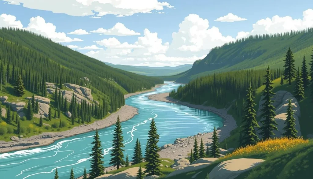 Image of the Sulphur Gates Provincial Recreation Area showing the confluence of the Smoky and Sulphur Rivers