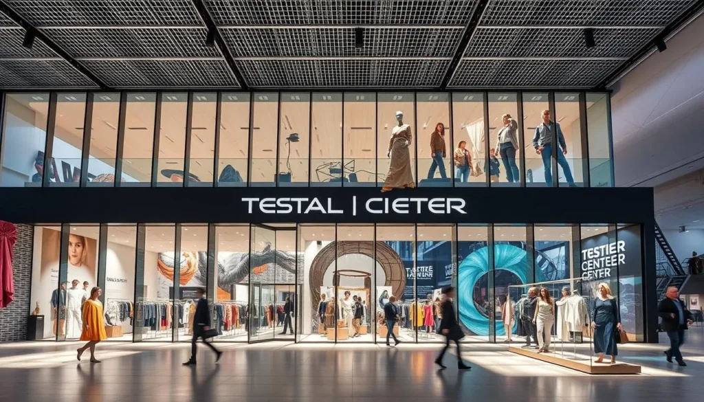 Image of the Textile Fashion Center in Boras, showcasing its modern architecture and vibrant textile displays
