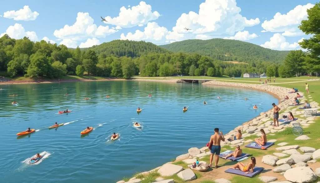 Image of the Upper Reservoir with people engaging in water sports and relaxation.