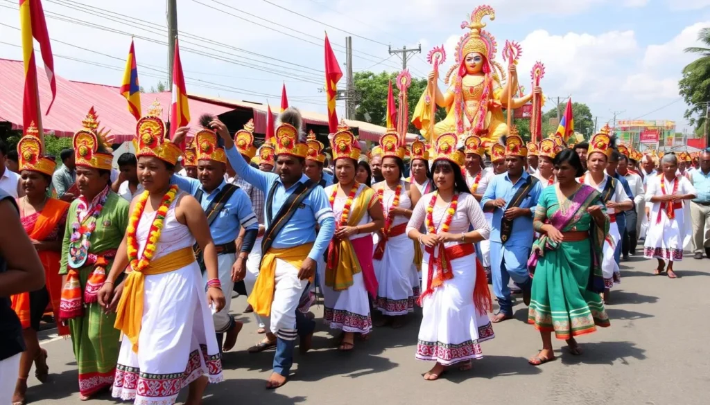 Image of the Urkupiña Festival procession with devotees and traditional dancers