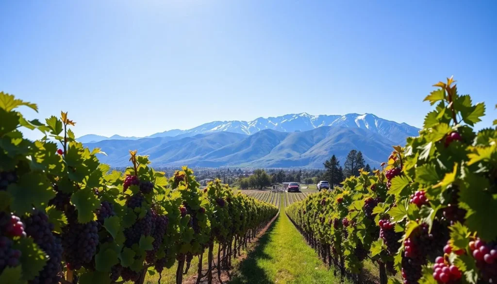 Image of the Vendimia festival in Mendoza, Argentina, featuring a vineyard with ripe grapes and the Andes mountains in the background.