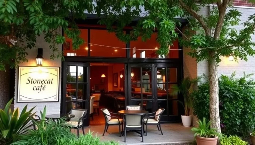 Image of the back patio at Stonecat Café with its ambient lighting