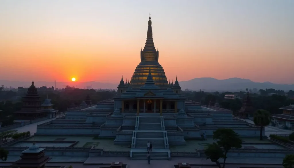 Image of the majestic Mahabodhi Temple Complex at sunrise