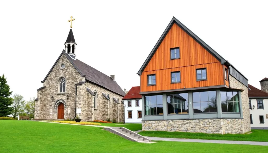 Image of the medieval stone church and its younger neighbor in Gran, Norway